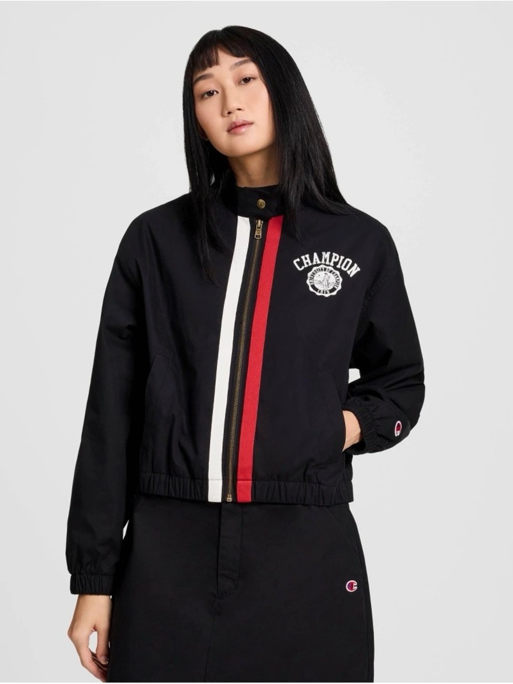 Champion Black Bomber Jacket with Red & White Center Stripes b141s